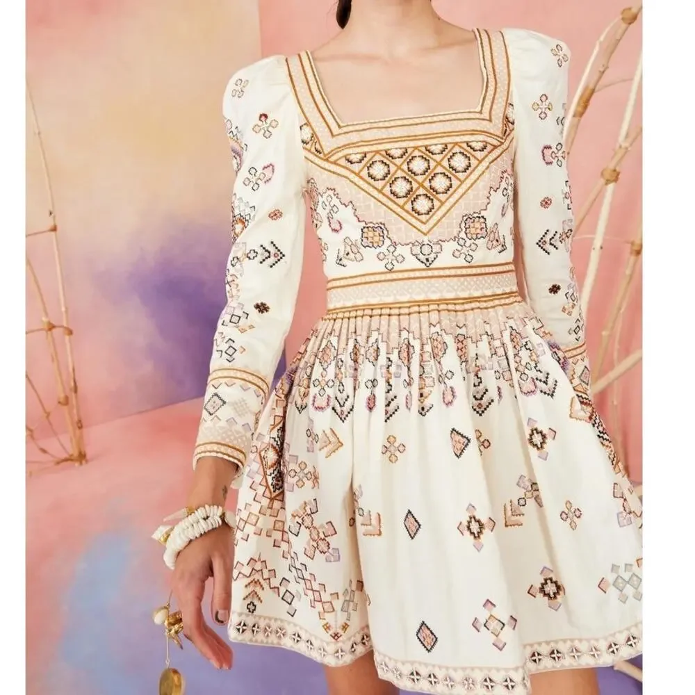 Ulla Johnson Adilah Beaded Embroidered Cotton Linen Mini Dress Ochre size 0